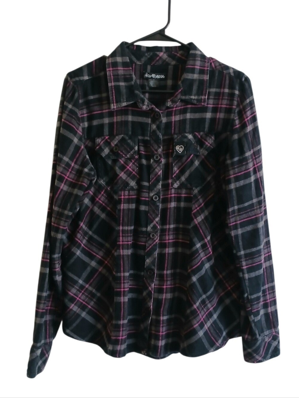 VINTAGE Y2K METAL MULISHA Plaid Flannel Button Top Women's L Embroidered Cotton